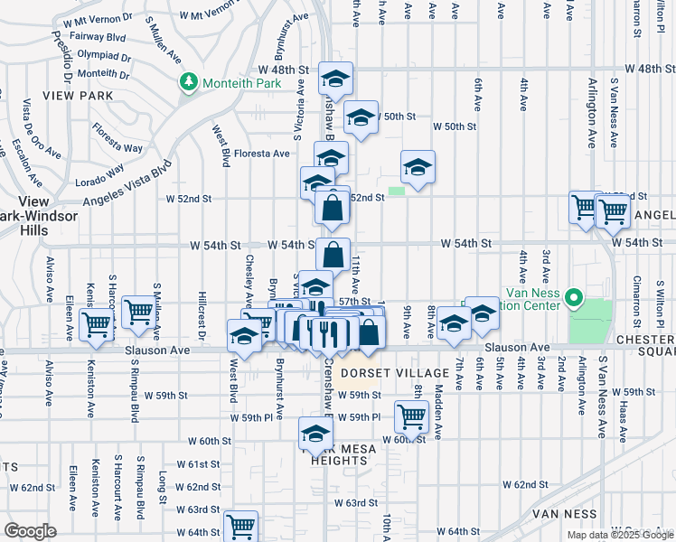 map of restaurants, bars, coffee shops, grocery stores, and more near 5454 Crenshaw Boulevard in Los Angeles