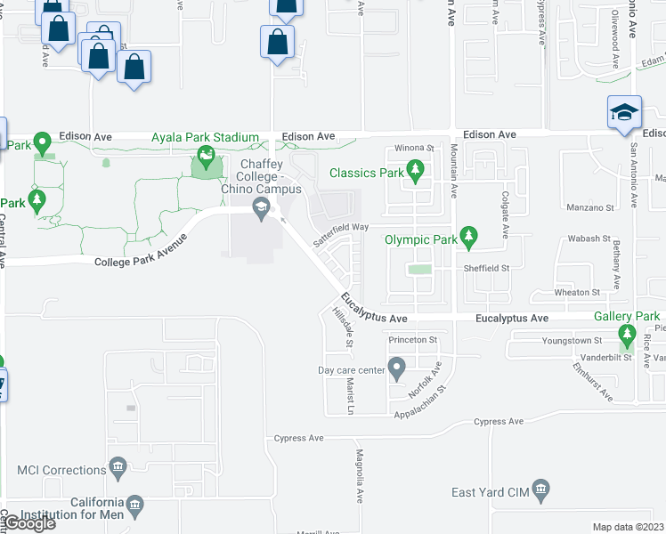 map of restaurants, bars, coffee shops, grocery stores, and more near 6028 Eucalyptus Avenue in Chino
