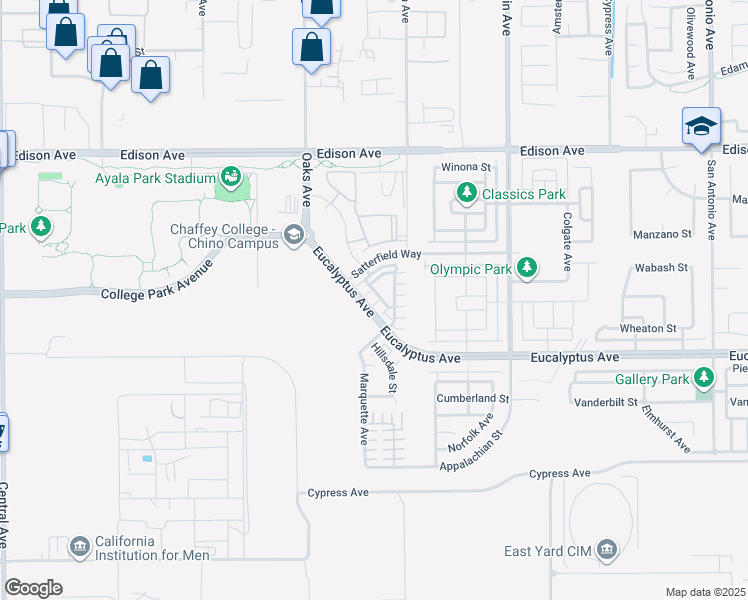 map of restaurants, bars, coffee shops, grocery stores, and more near 6028 Eucalyptus Avenue in Chino