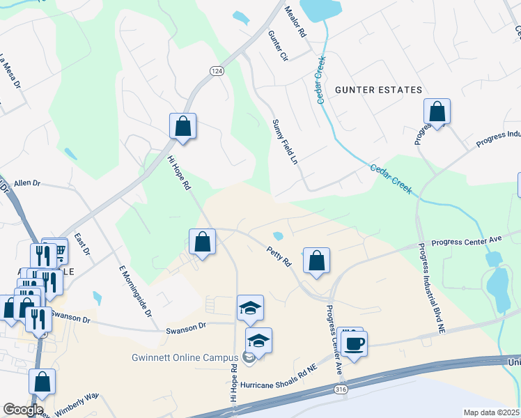 map of restaurants, bars, coffee shops, grocery stores, and more near 900 Petty Road in Lawrenceville
