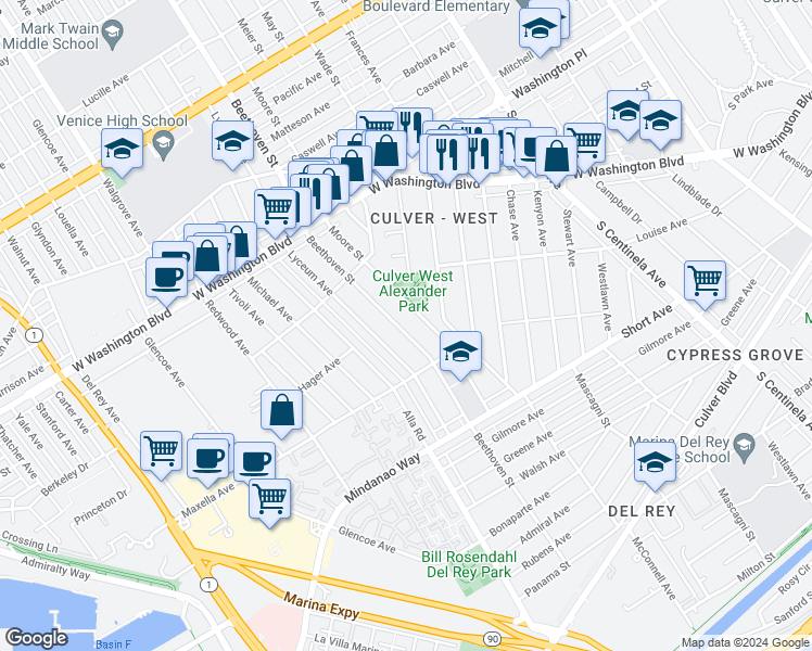 map of restaurants, bars, coffee shops, grocery stores, and more near 4224 Beethoven Street in Los Angeles
