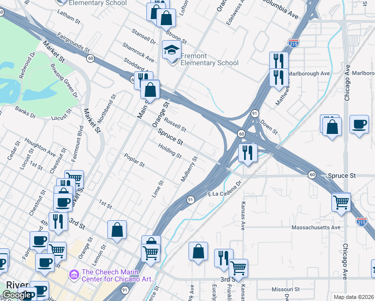 map of restaurants, bars, coffee shops, grocery stores, and more near 2465 Mulberry Street in Riverside