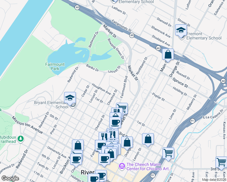 map of restaurants, bars, coffee shops, grocery stores, and more near 3019 Chestnut Street in Riverside