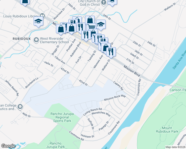 map of restaurants, bars, coffee shops, grocery stores, and more near 4065 Wallace Street in Riverside