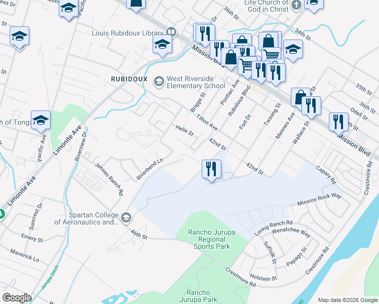 map of restaurants, bars, coffee shops, grocery stores, and more near 4130 Mennes Avenue in Jurupa Valley