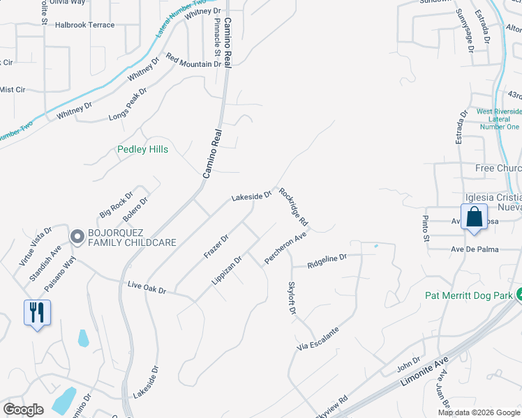 map of restaurants, bars, coffee shops, grocery stores, and more near 7347 Lippizan Drive in Riverside