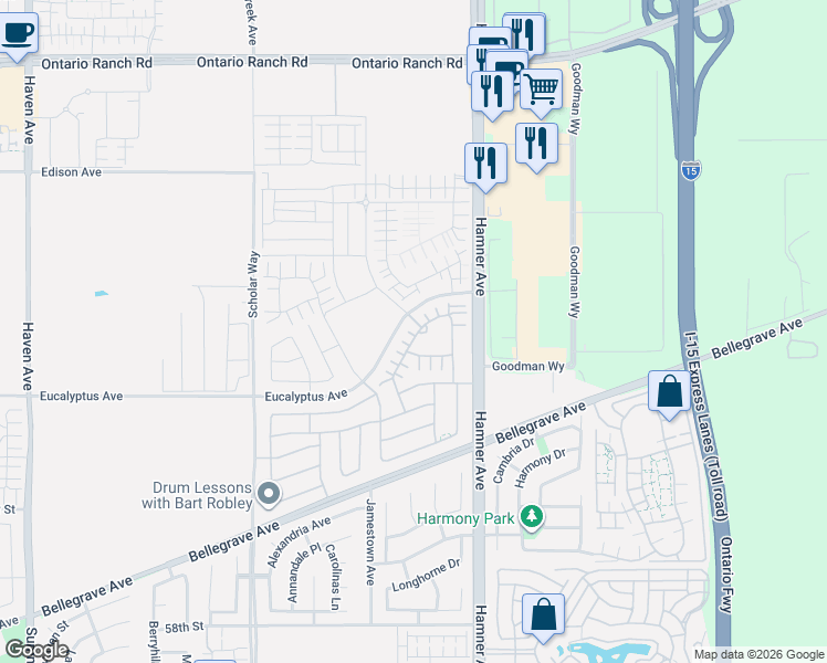 map of restaurants, bars, coffee shops, grocery stores, and more near 4183 East Sonrisa Privado in Ontario