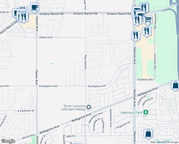 map of restaurants, bars, coffee shops, grocery stores, and more near 14109-14493 Cleveland Avenue in Ontario