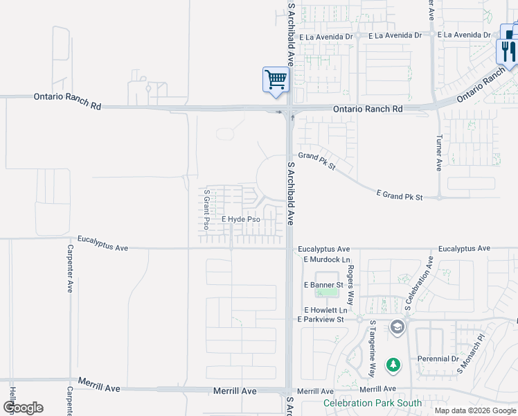 map of restaurants, bars, coffee shops, grocery stores, and more near 14516 South Archibald Avenue in Ontario