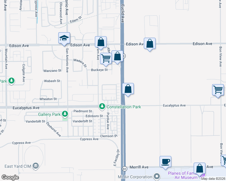 map of restaurants, bars, coffee shops, grocery stores, and more near 6982 Avignon Drive in Chino