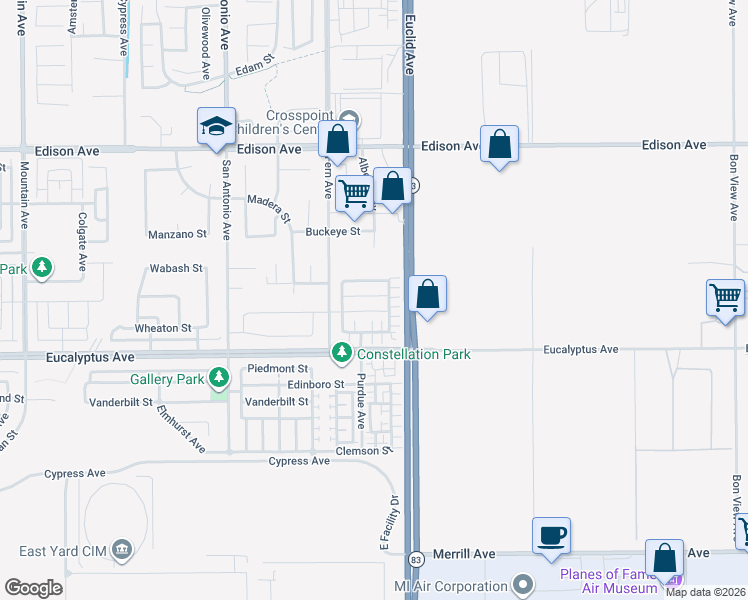 map of restaurants, bars, coffee shops, grocery stores, and more near 6982 Avignon Drive in Chino