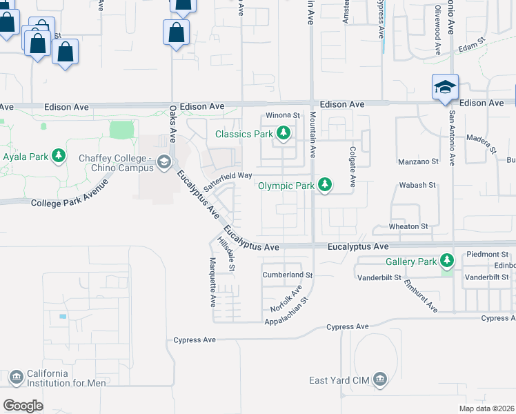 map of restaurants, bars, coffee shops, grocery stores, and more near 14422 Willamette Avenue in Chino