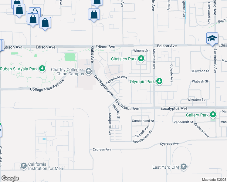 map of restaurants, bars, coffee shops, grocery stores, and more near 6031 Eucalyptus Avenue in Chino