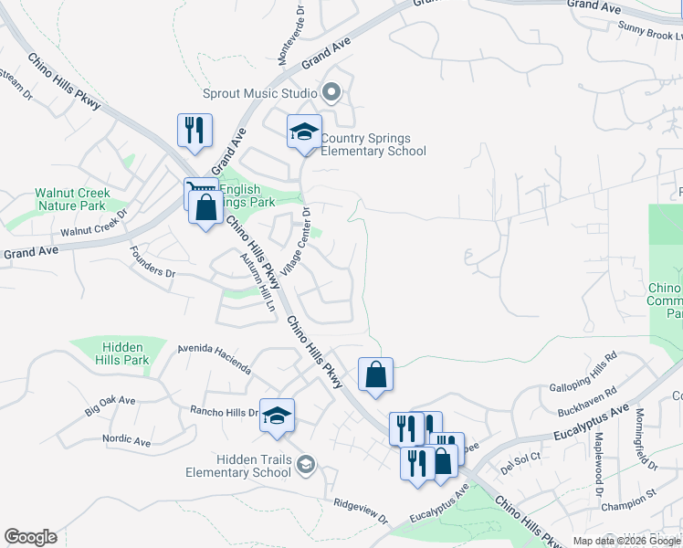 map of restaurants, bars, coffee shops, grocery stores, and more near 14398 Spring Crest Drive in Chino Hills