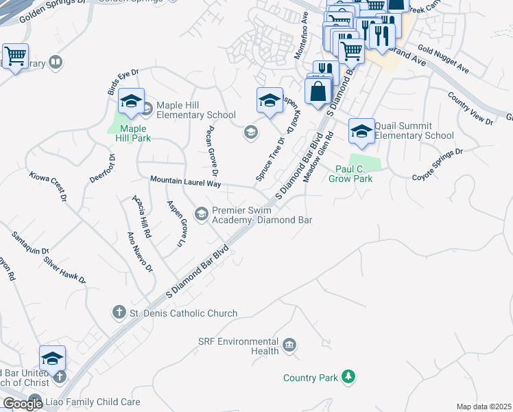 map of restaurants, bars, coffee shops, grocery stores, and more near 1727 Silver Rain Drive in Diamond Bar