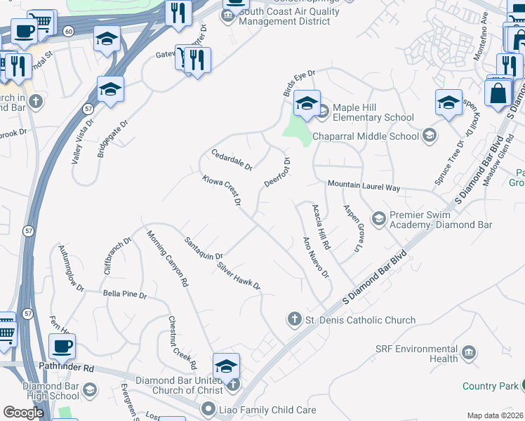 map of restaurants, bars, coffee shops, grocery stores, and more near 1636 Kiowa Crest Drive in Diamond Bar