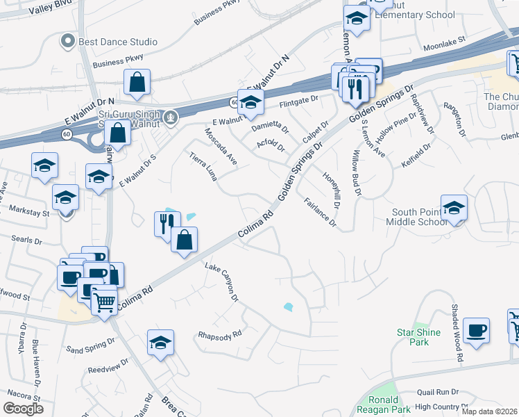 map of restaurants, bars, coffee shops, grocery stores, and more near 1348 Tierra Siesta in Walnut