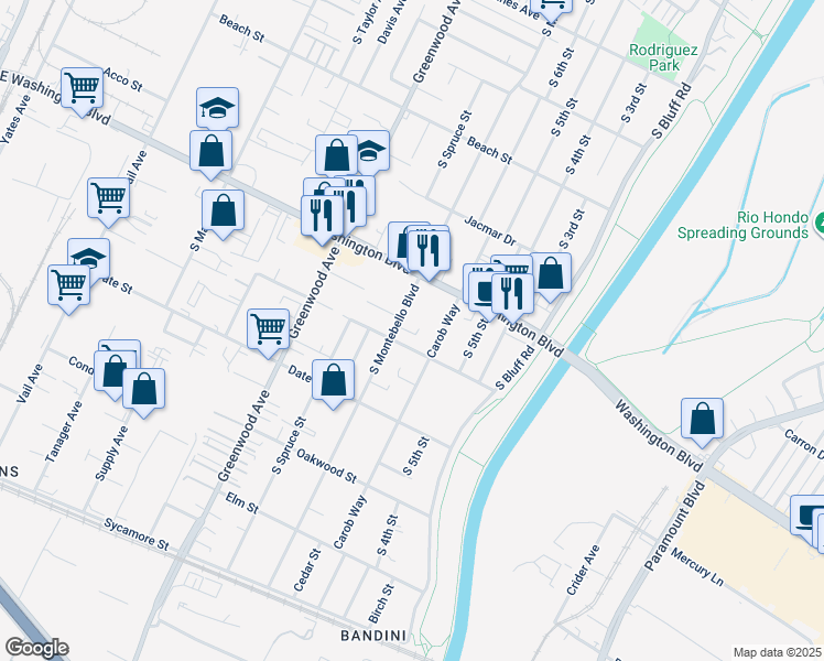 map of restaurants, bars, coffee shops, grocery stores, and more near 1053 Carob Way in Montebello