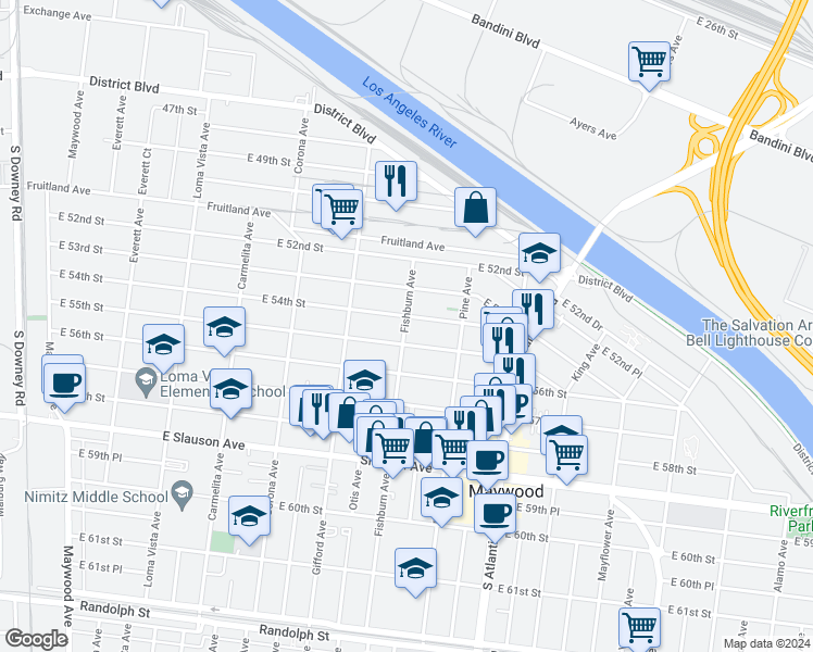 map of restaurants, bars, coffee shops, grocery stores, and more near Fishburn Avenue in Maywood