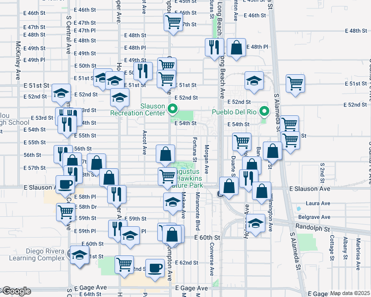 map of restaurants, bars, coffee shops, grocery stores, and more near 1535 East 57th Street in Los Angeles