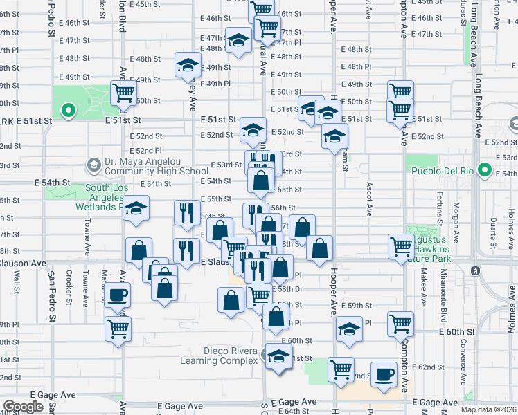 map of restaurants, bars, coffee shops, grocery stores, and more near 5601 South Central Avenue in Los Angeles