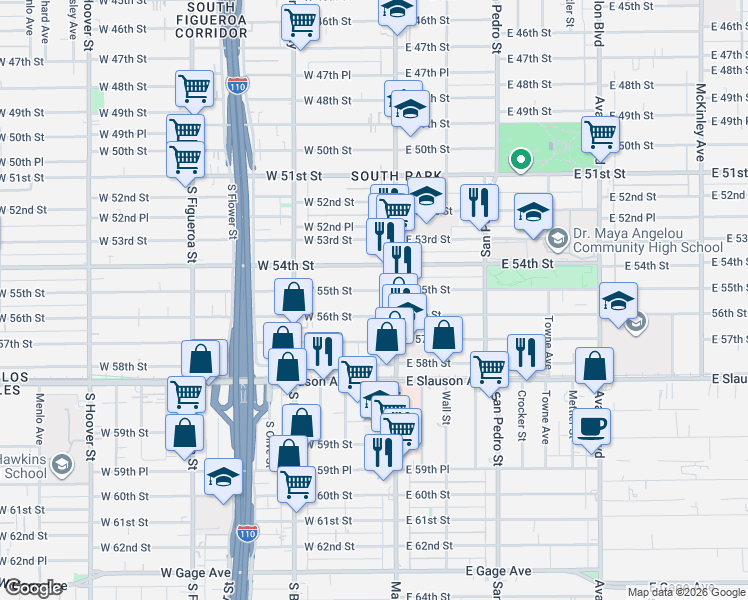 map of restaurants, bars, coffee shops, grocery stores, and more near 127 West 56th Street in Los Angeles
