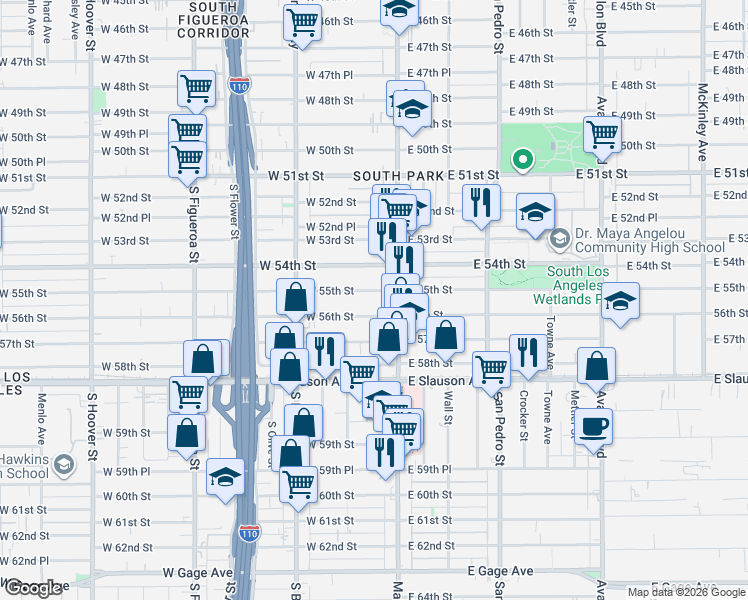 map of restaurants, bars, coffee shops, grocery stores, and more near 127 West 56th Street in Los Angeles