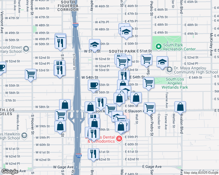 map of restaurants, bars, coffee shops, grocery stores, and more near 204 West 56th Street in Los Angeles