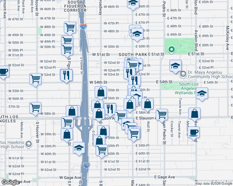 map of restaurants, bars, coffee shops, grocery stores, and more near 204 West 56th Street in Los Angeles