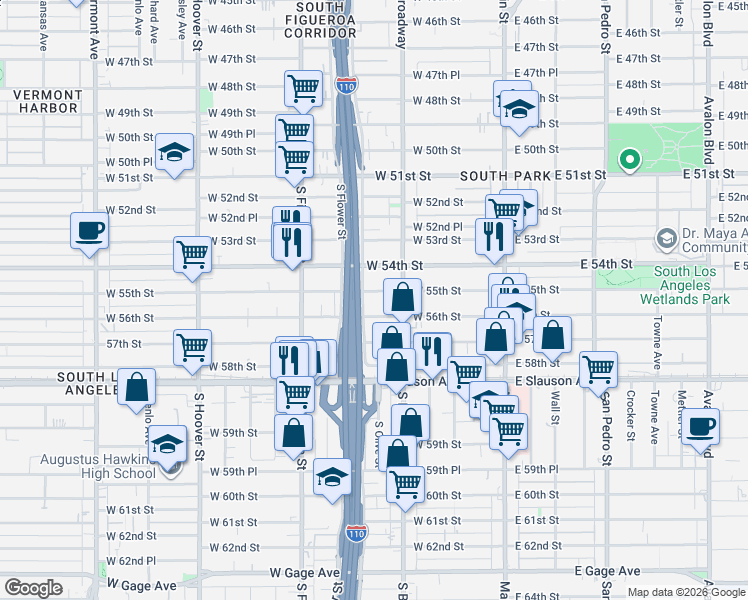 map of restaurants, bars, coffee shops, grocery stores, and more near 329 West 56th Street in Los Angeles