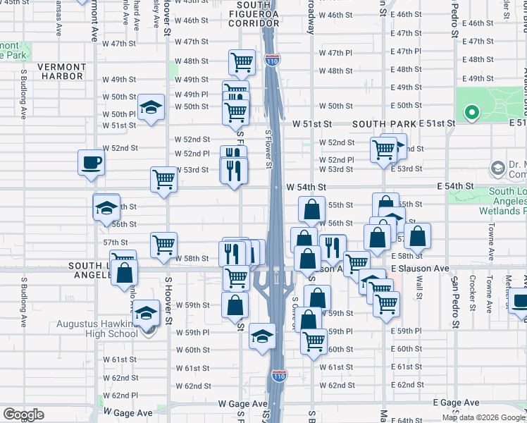 map of restaurants, bars, coffee shops, grocery stores, and more near 419 West 56th Street in Los Angeles