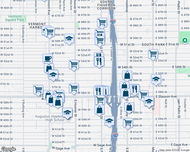 map of restaurants, bars, coffee shops, grocery stores, and more near 535 West 56th Street in Los Angeles
