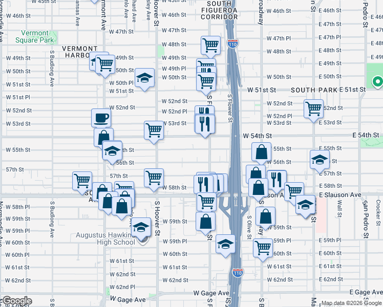 map of restaurants, bars, coffee shops, grocery stores, and more near 535 West 56th Street in Los Angeles
