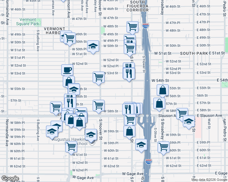 map of restaurants, bars, coffee shops, grocery stores, and more near 637 West 56th Street in Los Angeles