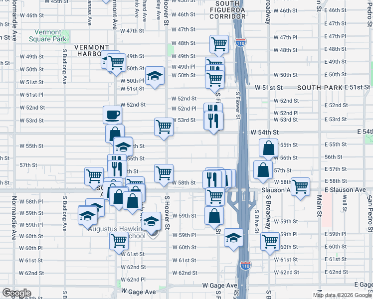 map of restaurants, bars, coffee shops, grocery stores, and more near 637 West 56th Street in Los Angeles