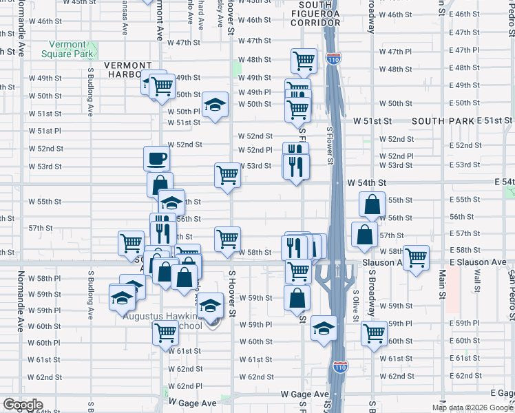 map of restaurants, bars, coffee shops, grocery stores, and more near 637 West 56th Street in Los Angeles