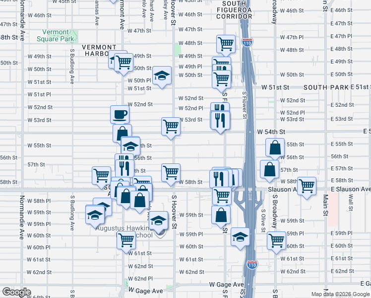 map of restaurants, bars, coffee shops, grocery stores, and more near 637 West 56th Street in Los Angeles