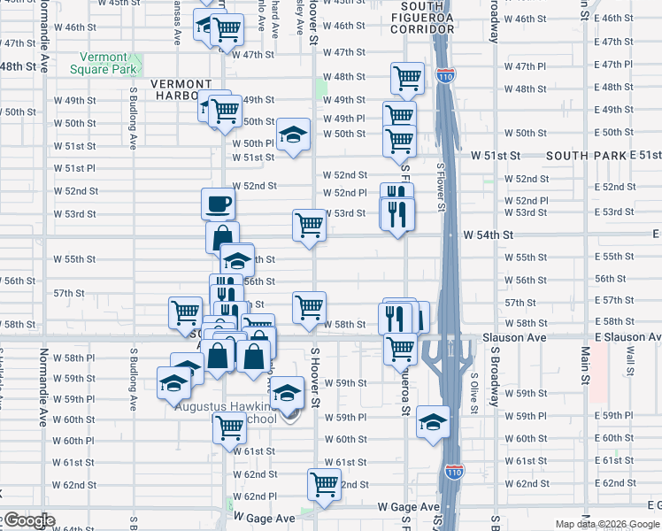 map of restaurants, bars, coffee shops, grocery stores, and more near 739 West 56th Street in Los Angeles