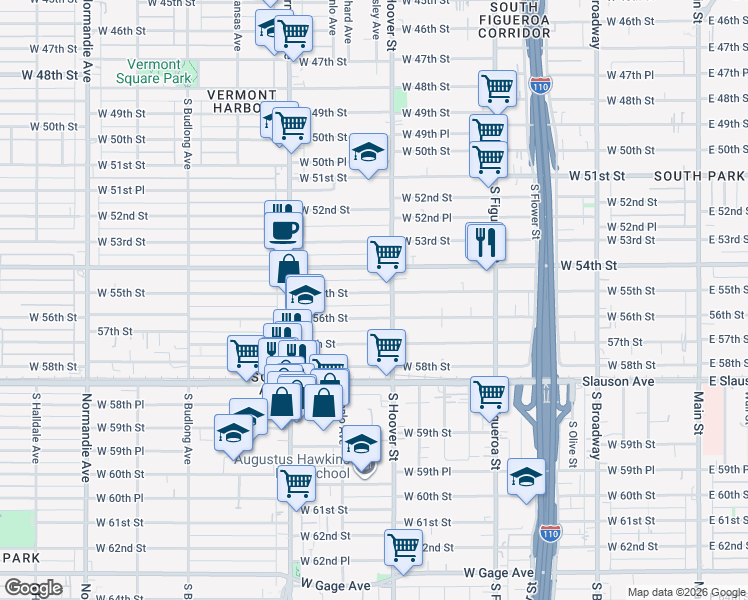 map of restaurants, bars, coffee shops, grocery stores, and more near 837 West 56th Street in Los Angeles