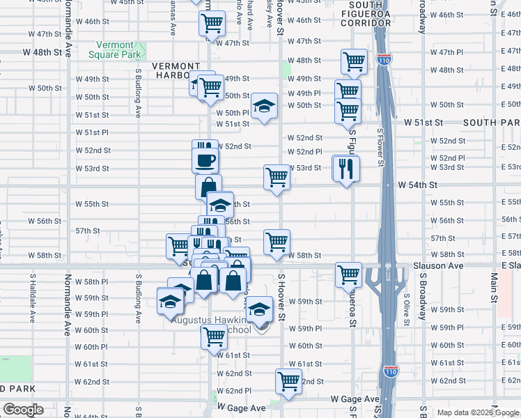 map of restaurants, bars, coffee shops, grocery stores, and more near 837 West 56th Street in Los Angeles