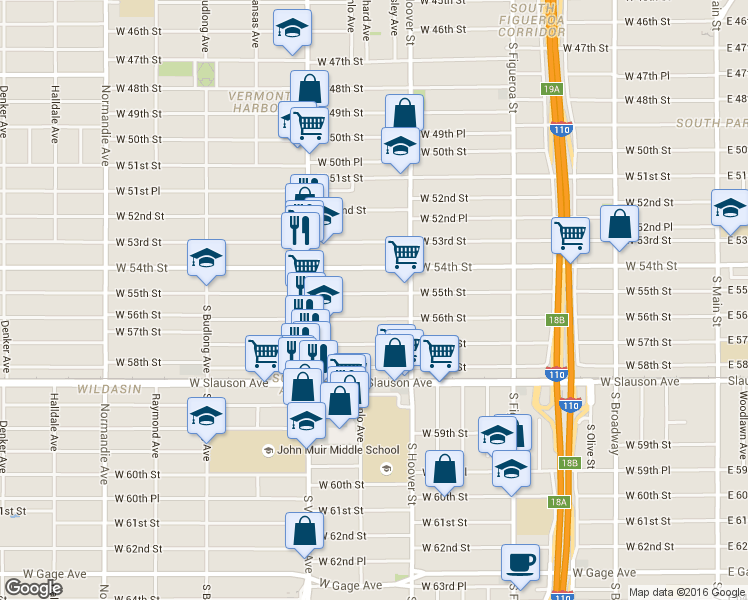 map of restaurants, bars, coffee shops, grocery stores, and more near 837 West 56th Street in Los Angeles