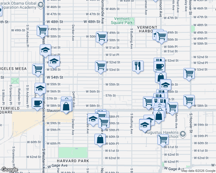map of restaurants, bars, coffee shops, grocery stores, and more near 1324 West 56th Street in Los Angeles