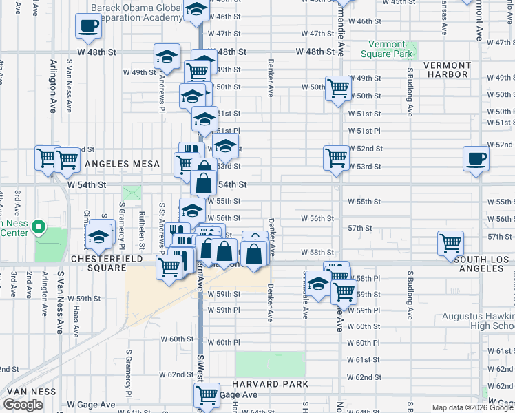 map of restaurants, bars, coffee shops, grocery stores, and more near 1613 West 56th Street in Los Angeles
