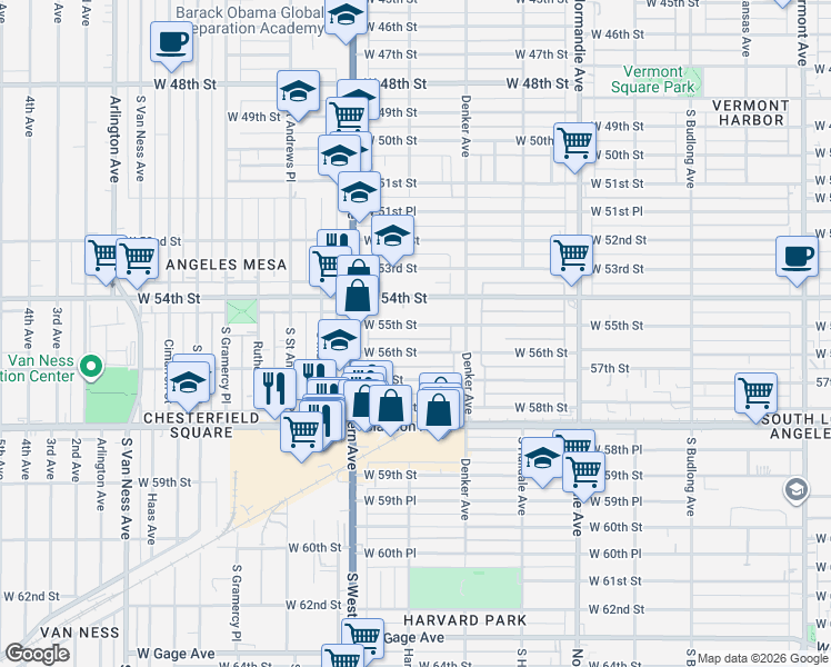 map of restaurants, bars, coffee shops, grocery stores, and more near 1657 West 56th Street in Los Angeles
