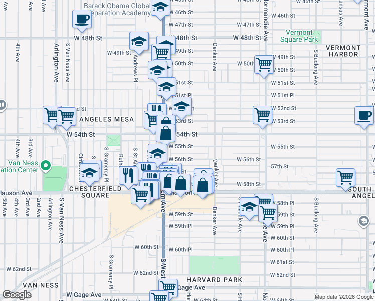 map of restaurants, bars, coffee shops, grocery stores, and more near 1657 West 56th Street in Los Angeles