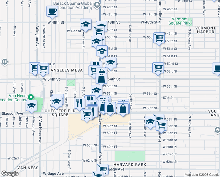 map of restaurants, bars, coffee shops, grocery stores, and more near 1731 1/2 West 56th Street in Los Angeles
