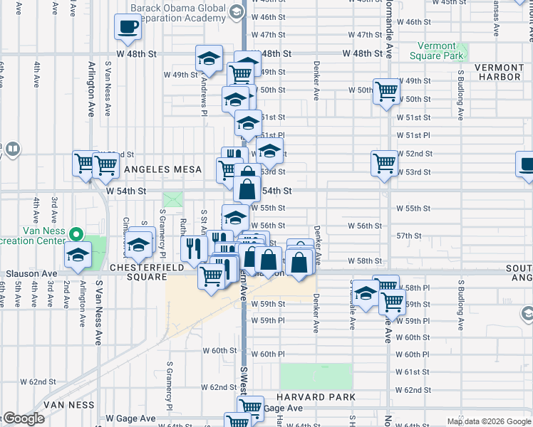 map of restaurants, bars, coffee shops, grocery stores, and more near 1731 1/2 West 56th Street in Los Angeles