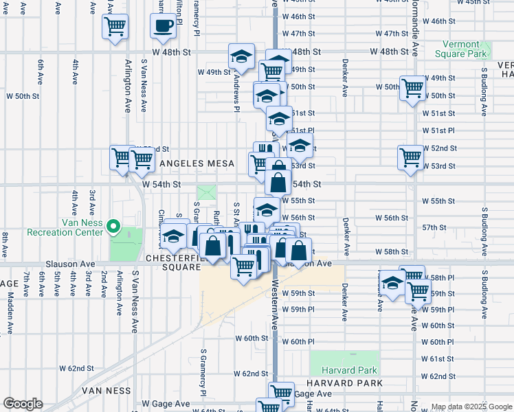 map of restaurants, bars, coffee shops, grocery stores, and more near 5533 South Western Avenue in Los Angeles