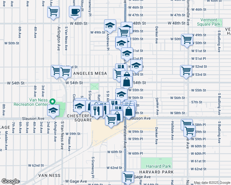 map of restaurants, bars, coffee shops, grocery stores, and more near 5526 South Saint Andrews Place in Los Angeles