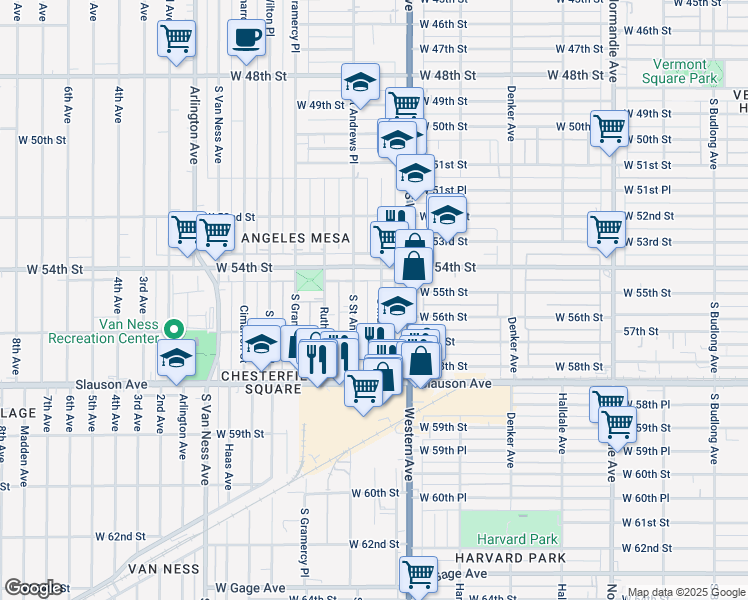 map of restaurants, bars, coffee shops, grocery stores, and more near 5526 South Saint Andrews Place in Los Angeles